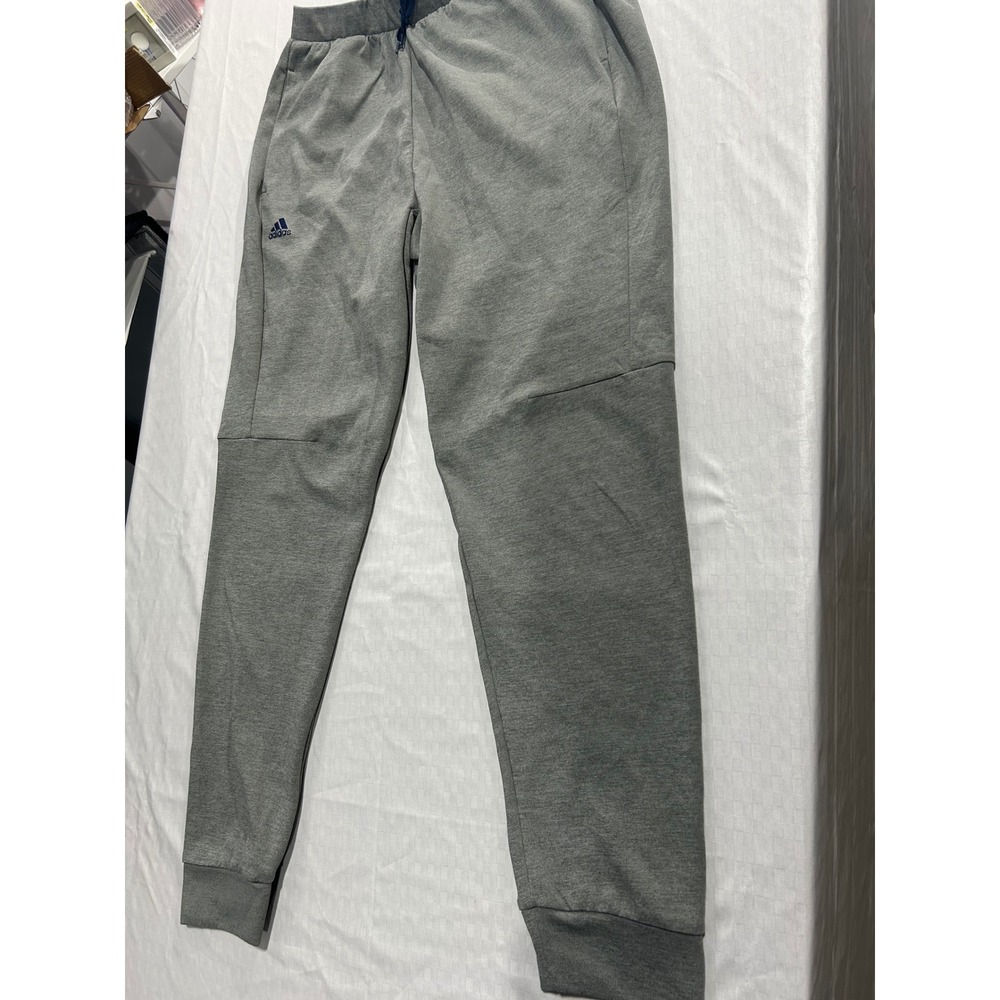 Adidas Mens Gray Heathered Jogger Sweatpants Navy Blue Logo Size Medium